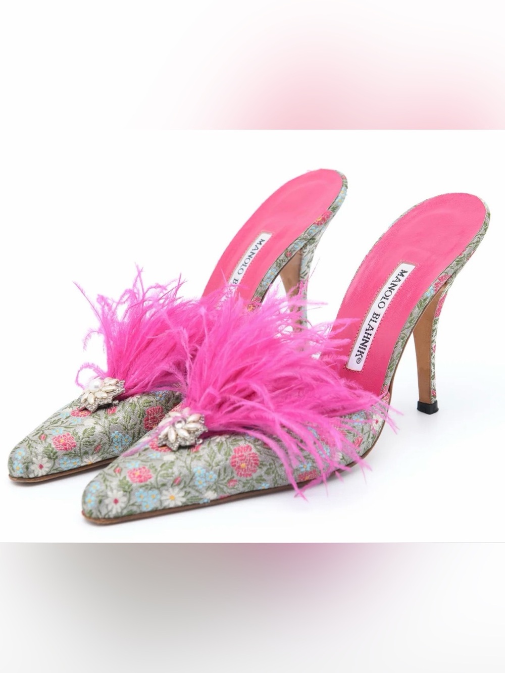 RARE ARCHIVAL 1990s Floral Brocade & Ostrich Feather Mules